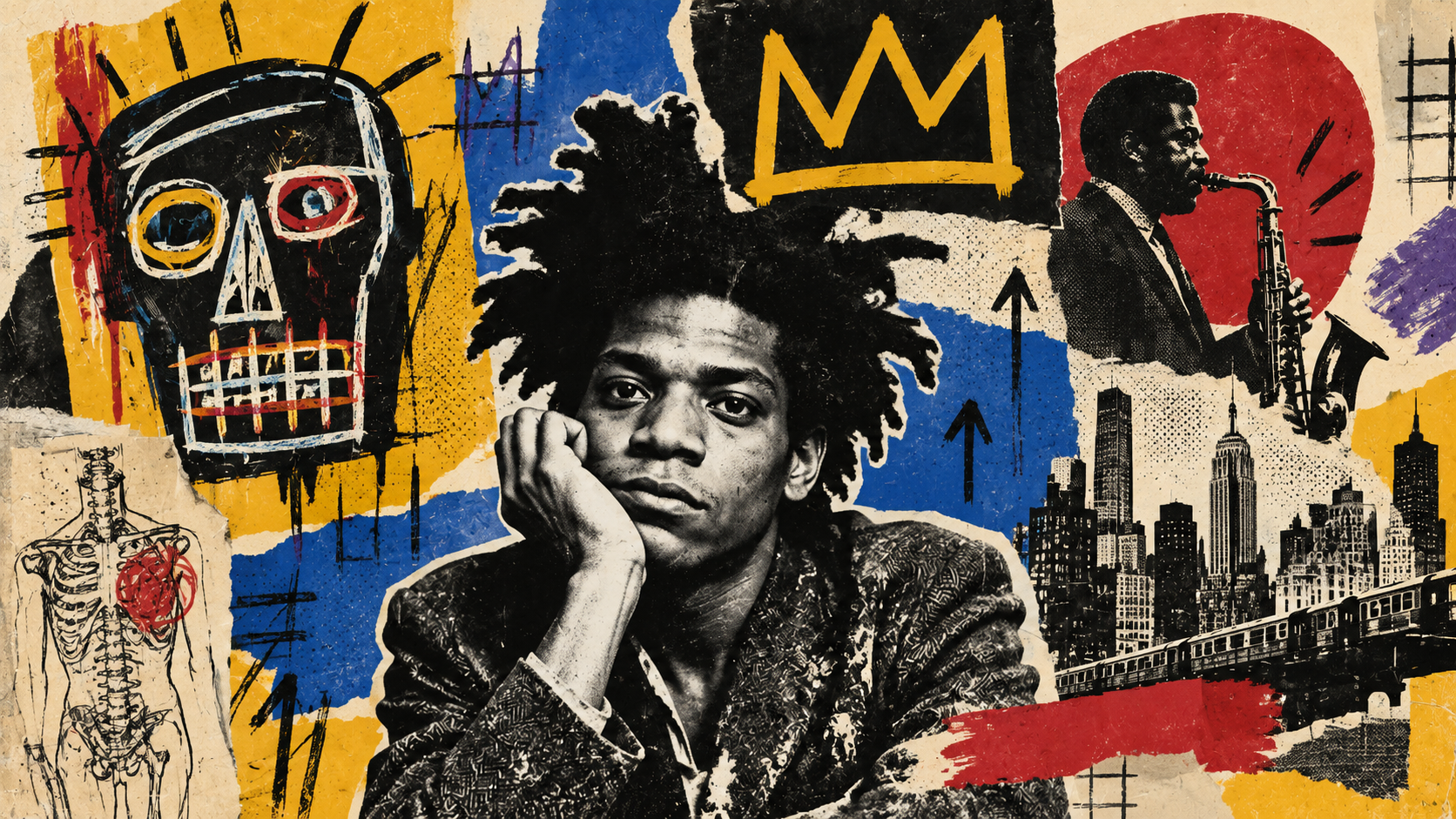 Graphic collage featuring a black-and-white portrait of Jean-Michel Basquiat surrounded by crown motifs, anatomical drawings, a saxophonist, New York buildings, subway imagery, and rough painted marks in red, blue, yellow, and black.