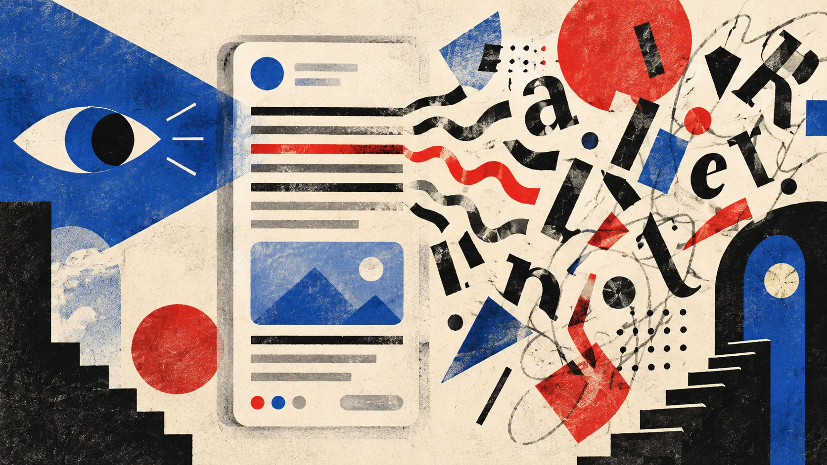 Editorial-style thumbnail showing a clean reading interface at the centre, a watching eye on the left, and fragmented letters and shapes spreading into visual chaos on the right.