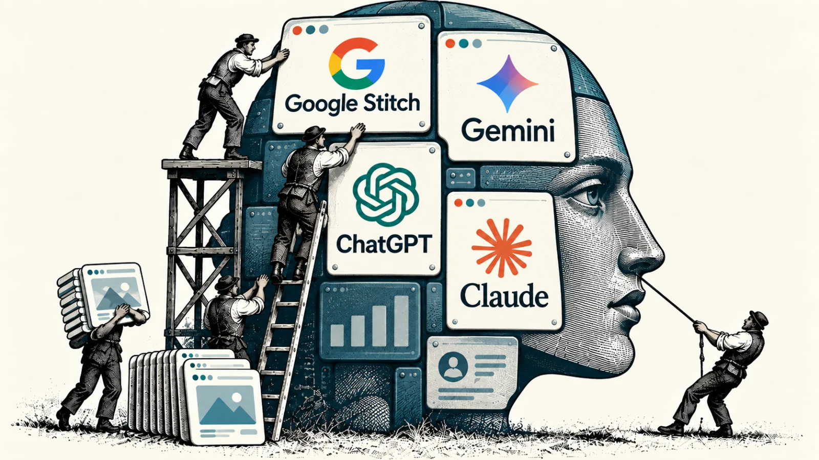 Editorial collage showing a large engraved human head assembled from oversized interface panels labeled Google Stitch, Gemini, ChatGPT, and Claude, while small workers build and adjust the surrounding UI blocks.